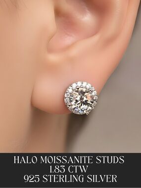 💎 NEW HALO ROUND MOISSANITE STUDS 1.83 CTW 925 STERLING SILVER | BRIDAL STUDS